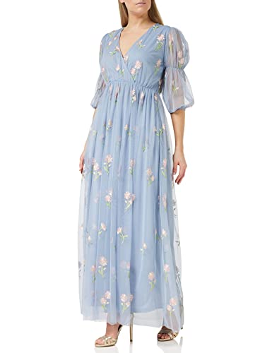 Frock and Frill Damska kwiecista haftowana sukienka na specjalne okazje, niebieska, 12, NIEBIESKI, 38