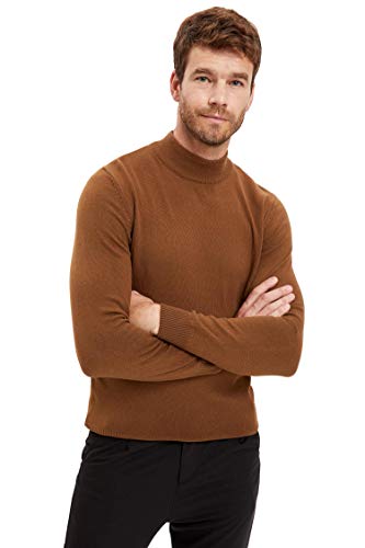 DeFacto Męski sweter z dzianiny z długim rękawem okrągły dekolt - slim fit sweter dla mężczyzn topy (camel, S), piaskowy, S