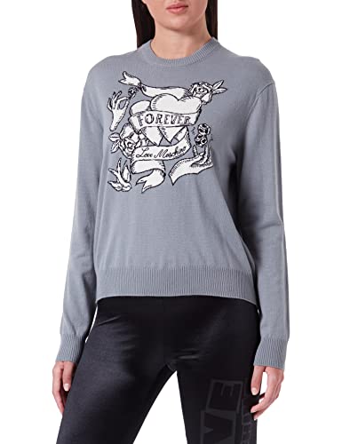 Love Moschino Damski sweter o regularnym kroju z długim rękawem z efektem tatuażu Heart Intarsia, Melange Dark Grey, 46