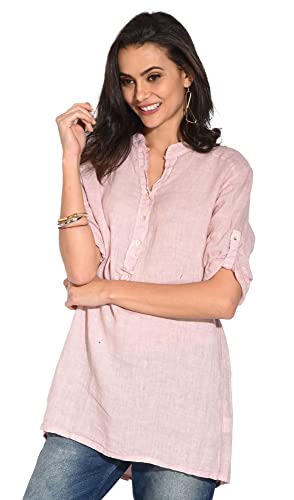 Bonateks damska top 100% lniana tunika Made in Italy, bluzka z dekoltem tunezyjskim i zapinanym na guziki długim rękawem, satyna, rozmiar: L, Satyna, L