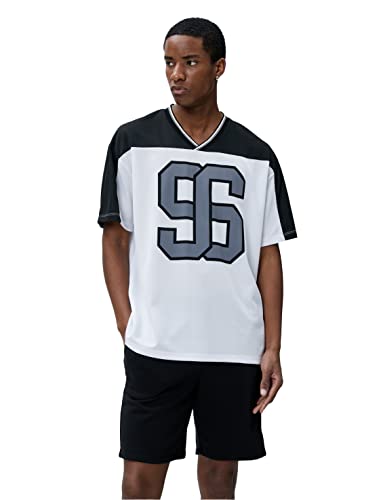 Koton Koszulka męska Oversized Varsity Printed V Neck Multicolor Short Sleeve T-Shirt, biały (000), L