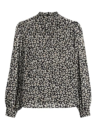 Object Women's OBJMILA L/S HIGH Neck TOP NOOS bluzka, czarna/AOP: leopard, 34, Czarny/Aop: leopard, 34
