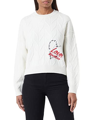 Love Moschino Damski sweter oversize Fit z długim rękawem okrągły dekolt z sercem i logo, emblemat, biały, 40