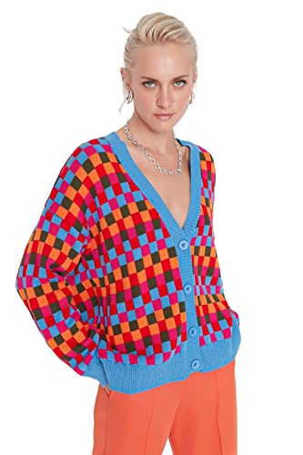 Trendyol Damski kardigan z dzianiny oversize z dekoltem w serek, NIEBIESKI, S