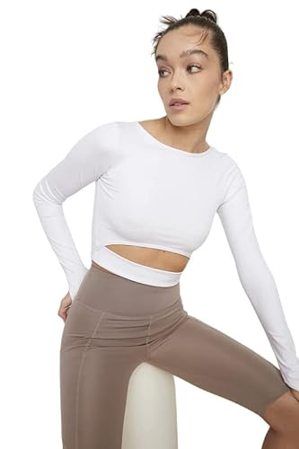 Trendyol Damska odzież sportowa Crop standardowa dzianinowa bluzka z okrągłym dekoltem, biały, S