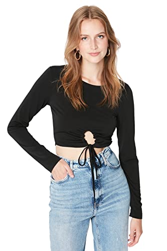 Trendyol Damska damska damska regularna obcisła bluzka z okrągłym dekoltem z dzianiny, czarna, XS, Czarny, XS