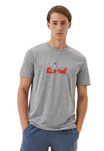 Koton Męski T-shirt z nadrukiem z okrągłym dekoltem i krótkim rękawem, Szary (023), XL