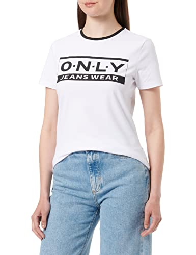 ONLY Women's Onllea Fitted S/S Logo TOP Box JRS T-Shirt, Bright White/Print:Logo, L, Bright White/Print:logo, L
