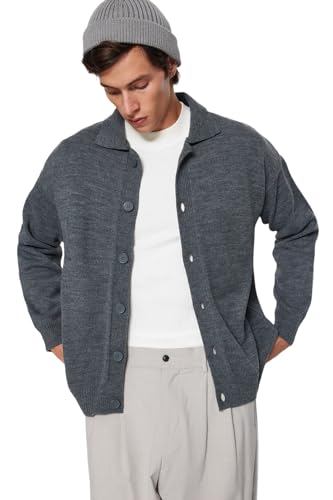 Trendyol Męski regularny krój podstawowy koszula kołnierz dzianina kardigan, szary, S, szary, S