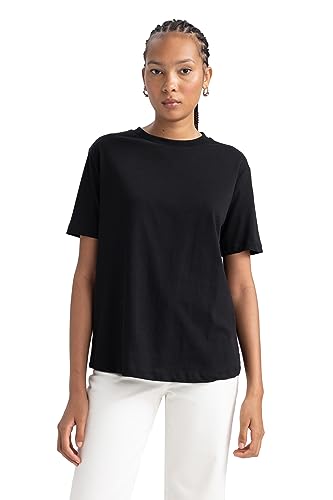 DeFacto Damska koszulka – klasyczna koszulka basic dla kobiet – wygodna koszulka dla kobiet, czarny, XS