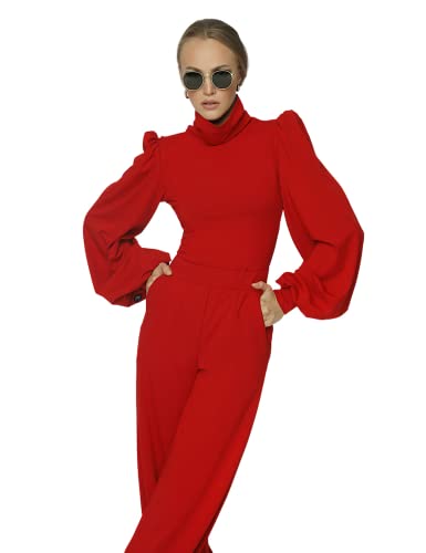 Madnezz House Damska koszulka Jadwiga, golf, długie rękawy, bufiaste rękawy, czerwony, XL