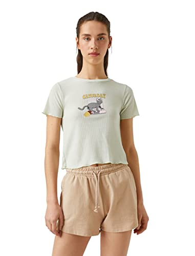 Koton Damska koszulka z krótkim rękawem z nadrukiem, miętowy (844), M