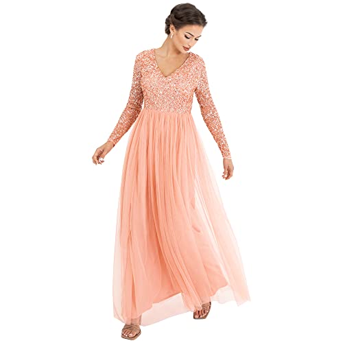 Maya Deluxe Damska sukienka damska rękaw na wesele Guest V Neck High Empire Waist Maxi Long Length Wieczór Bridesmaid Prom Sukienki Damskie, Apricot, 42