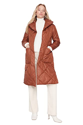 Trendyol Damska kurtka zimowa z klapą, jednokolorowa, oversize, brązowa, S, Brązowy
