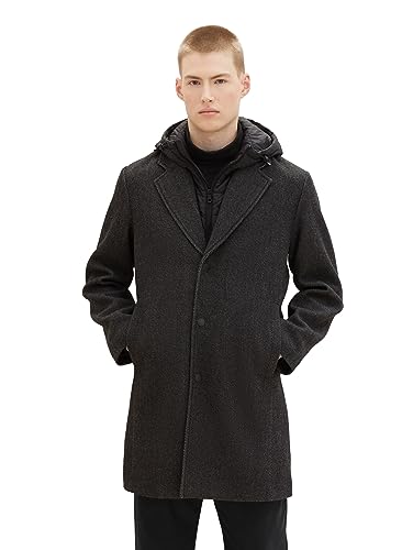 TOM TAILOR Denim Męski płaszcz wełniany 1037397, 32681, czarny szary (Black Grey Twill), S, 32681 – struktura skośna Black Grey Twill, S
