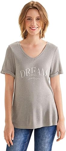Street One Damska koszulka z krótkim rękawem Shiny V-Neck W.Wording, Gładki kamień piaskowy, 34