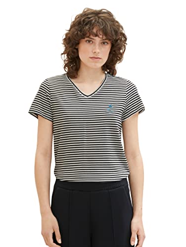 TOM TAILOR Damska koszulka z haftem, 32152 - Black Thin Stripe, L