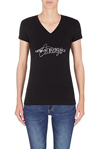 Armani Exchange Damska koszulka o dopasowanym kroju, Rhinestoned Italics Logo T-Shirt, czarna, S, czarny, S