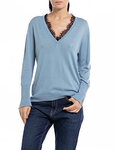 Replay Damski sweter mieszanka bawełny/kaszmiru, Powder Azure 586, L