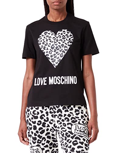 Love Moschino Damska koszulka o regularnym kroju z krótkim rękawem z motywem zwierzęcym sercem i logo, czarny, 48