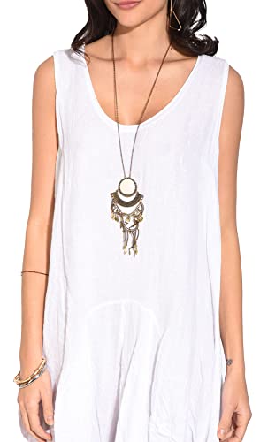 Bonateks damska sukienka tunika 100% lniana wyprodukowana we Włoszech, tunika z okrągłym dekoltem, wielowarstwowa, biała, rozmiar: XL, biały, XL