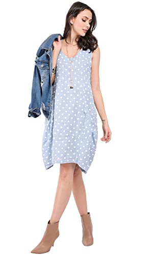 Bonateks damska sukienka 100% lniana wyprodukowana we Włoszech, okrągły dekolt z kieszeniami i nadrukiem w kropki, niebo, rozmiar: S, Niebo, S