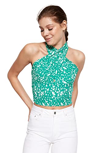 Trendyol Damska młoda slim fit basic dzianinowa bluzka z wiązaniem na szyi, zielona, XL, ZIELONY, XL