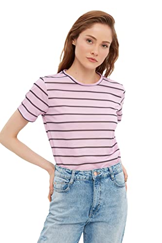 TRENDYOL Damska koszulka z dzianiny Stripes Basic, Rosa, S