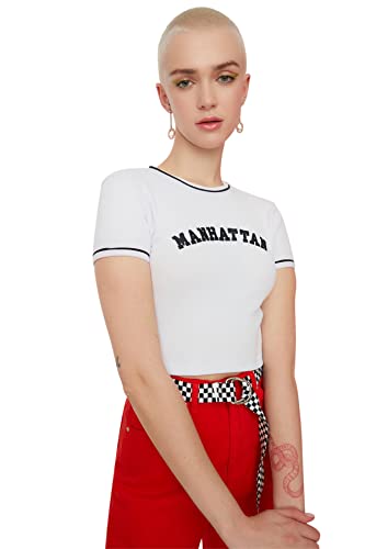 Trendyol Damska bluza z białym nadrukiem Super Crop Knitted Blouse, biały, S
