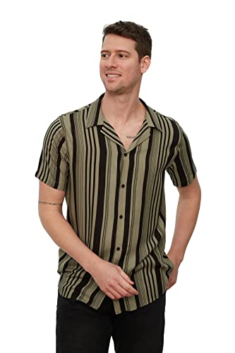 Trendyol Koszulka męska Khaki Normal Fit Striced Apag Collar Draping z wiskozy, khaki, S