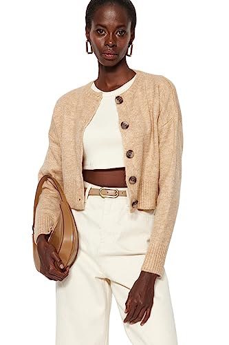 Trendyol FeMan Regular Fit Basic Crew Neck Dzianina kardigan, beżowy, S, BEŻOWY, S