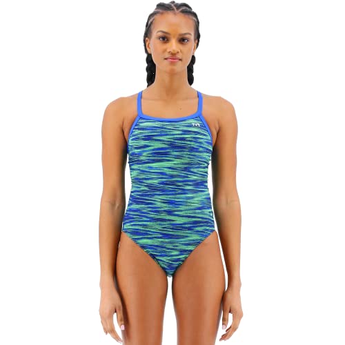 TYR Damski jednoczęściowy kostium kąpielowy Durafast Elite Diamondfit, niebieski/zielony, 28, niebieski/zielony
