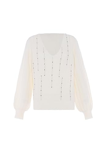 faina Damski sweter z dzianiny z dekoltem w serek i wzorem z pereł wełniano-biały, rozmiar M/L, biały (wollweiss), XL