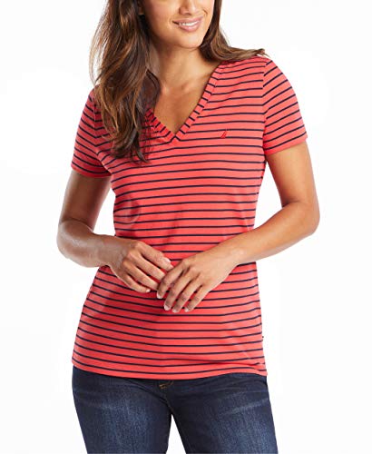 Nautica Damska koszulka Easy Comfort z dekoltem w serek, w paski, super miękka bawełna, Rose Coral, XXL