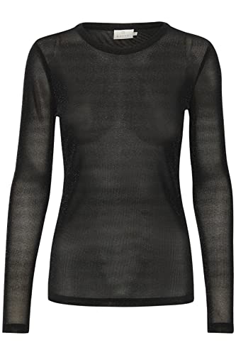KAFFE damska siateczkowa bluzka See Through brokatowa długie rękawy, Czarny srebrny Lurex, S