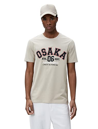 Koton Męski t-shirt z nadrukiem Varsity Crew Neck Short Sleeve Cotton T-Shirt, beżowy (052), XL