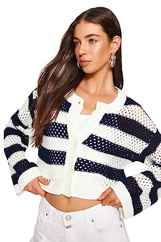 Trendyol FeMan Regular Fit Basic Crew Neck Dzianina kardigan, ecru, M, Ecru, M