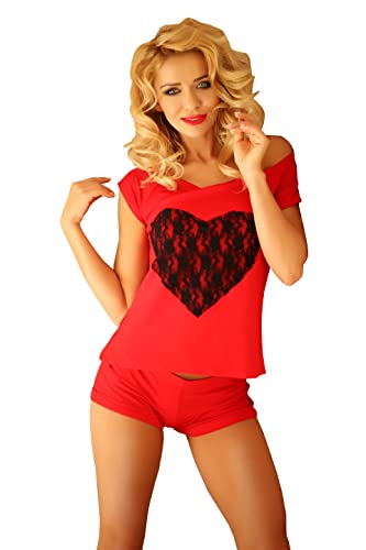 Wiskozowy komplet motyw serca koszulka i szorty piżama Kalimo Rome, czerwony, S