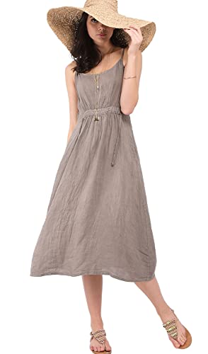 Bonateks damska sukienka 100% lniana wyprodukowana we Włoszech, długa sukienka z koronką z przodu i kieszeniami, szarobrązowa, rozmiar: XL, Szarobrązowy, XL