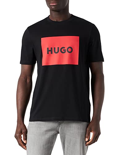HUGO Męski t-shirt Dulive222 z bawełny z czerwoną etykietą z logo, Black001, M