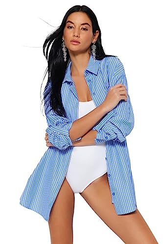 Trendyol Damska koszula z luźnym dopasowaniem Basic Collar tkana koszula, NIEBIESKI, 40