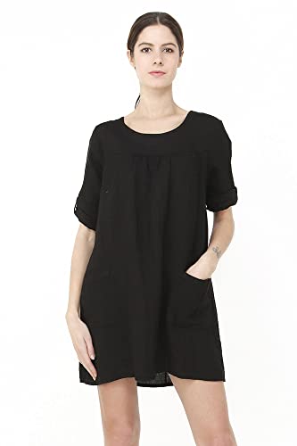 Sukienka damska 100% lniana Made in Italy, Krótka sukienka z okrągłym dekoltem z zapinanymi na długie kieszenie i rękawy, czarna, rozmiar: XL, czarny, XL