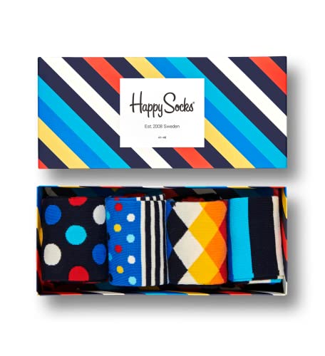 Happy Socks 4-Pack Stripe Gift Box, kolorowe i zabawne, Skarpetki dla kobiet i mężczyzn, Niebieski-Czerwony-Turkus-Biały-Żółty (36-40)