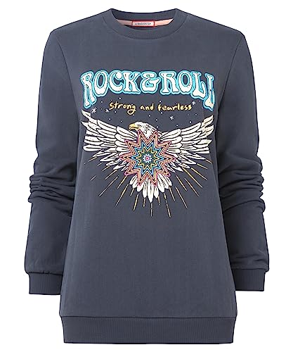 Joe Browns Damska bluza Grungey Rock & Roll Slogan Eagle Graphic z długim rękawem i okrągłym dekoltem, szara, 10, szary, 36