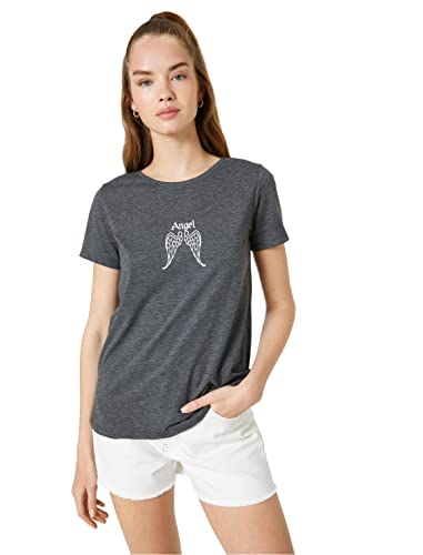 Koton Damska koszulka z krótkim rękawem z nadrukiem Crew Neck, Anthracite (931), XS