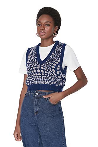 TRENDYOL Damska kamizelka z dekoltem w serek, jednokolorowa, podkreślająca figurę, dzianinowa blue, L, granatowy, L