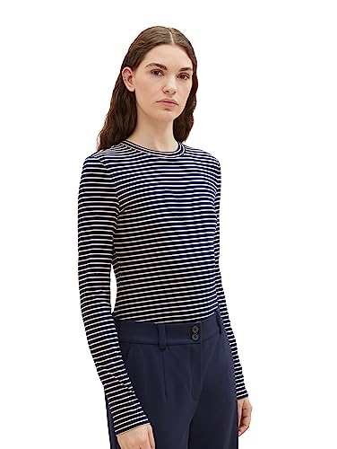 TOM TAILOR Denim Damska koszulka z długim rękawem w paski, 34270-Navy Beige Stripe, XS