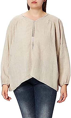 Bonateks, Top z dekoltem w kształcie litery V, wstawka koronkowa i półrękawy, 100% len, rozmiar DE:40, rozmiar US:XL, topy, pustynia - wyprodukowano we Włoszech, beżowy, 40
