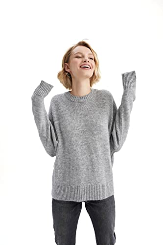 DeFacto Sweter normalny krój dla kobiet – sweter z golfem na topy damski (szary melanż, 3XL), szary melanż, 3XL