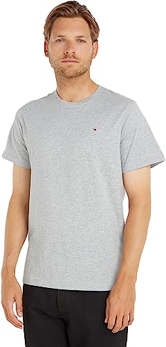 Tommy Jeans Męskie TJM klasyczna koszulka z dekoltem C S/S dzianinowe topy, Lt Grey HTR, XXS